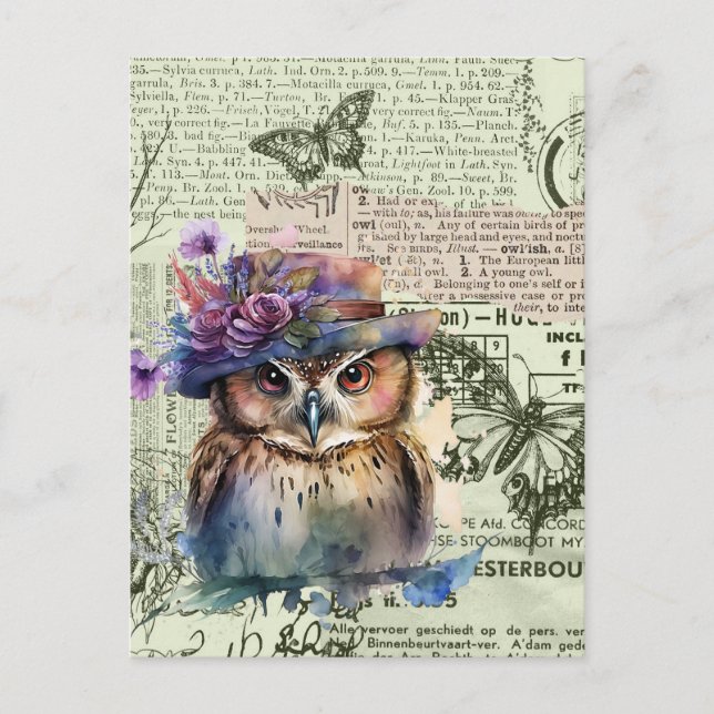 Carte postale Collage Chouette Aquarelle Papiers V (Devant)