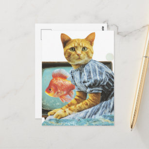 Carte Postale Collage de chat avec poisson rouge à la télé