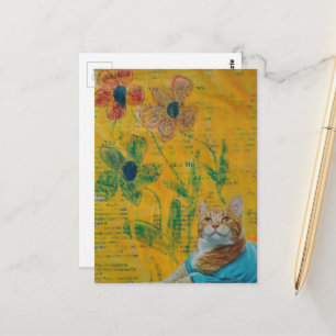 Carte Postale Collage de chaton roux adorable et de fleurs