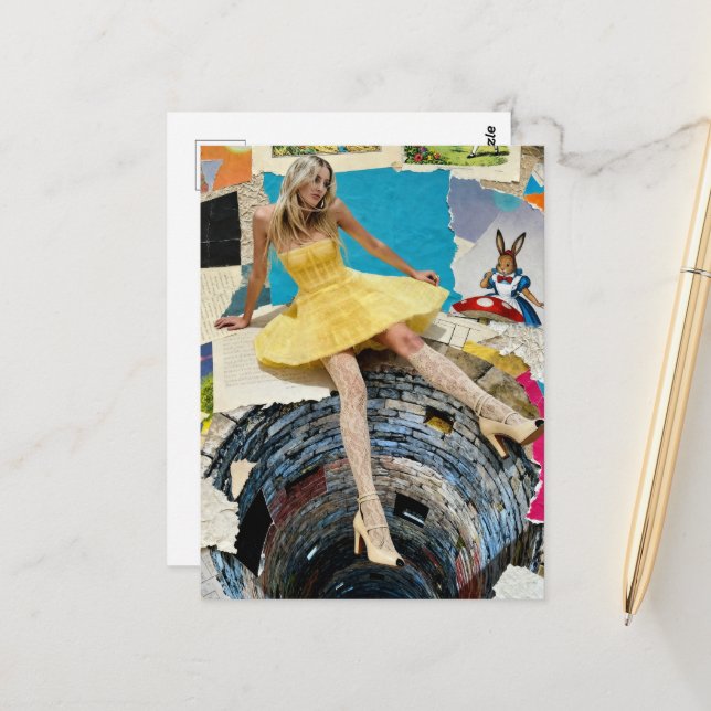 Carte Postale Collage de la chute d'Alice dans le terrier du lap (Devant/Arrière en situation)