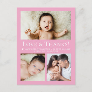 Carte Postale Collage de photos bébé rose Love & Thanks naissanc