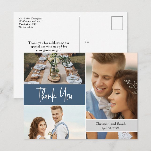 Carte Postale Collage de photos de mariage bleu moderne Merci (Devant / Derrière)