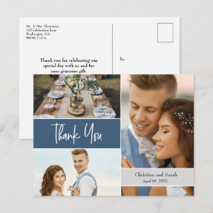 Carte Postale Collage de photos de mariage bleu moderne Merci