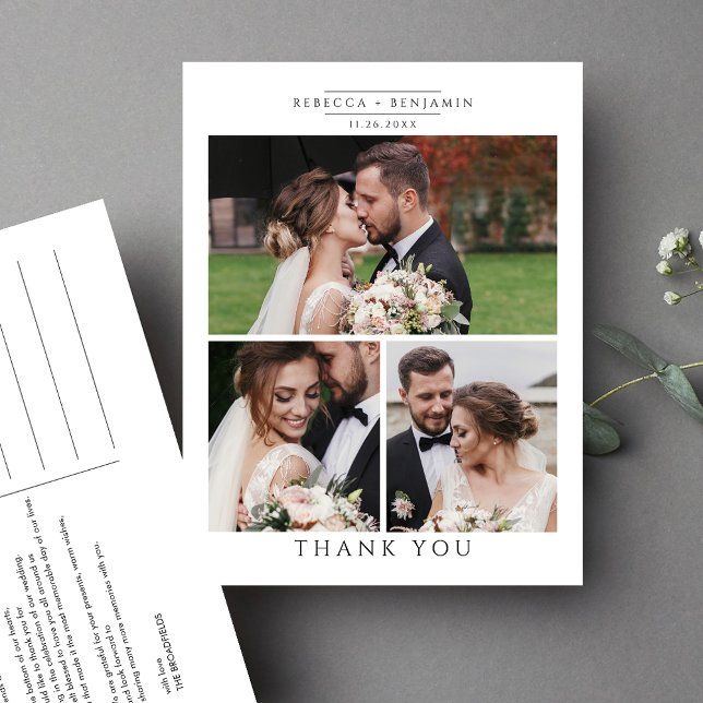 Carte Postale Collage de photos de mariage Minimaliste Merci (Wedding Photo Collage Thank You Postcard)
