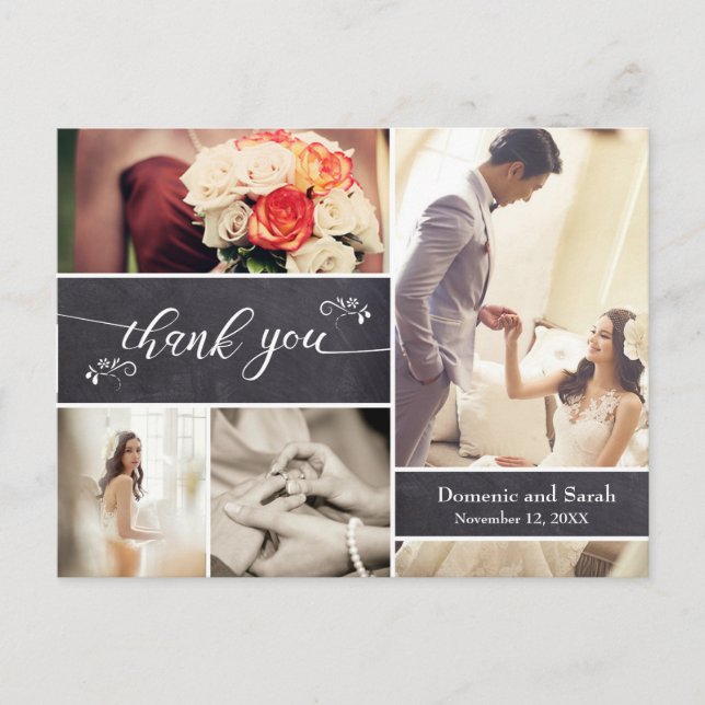 Carte Postale Collage de photos marquées Rustic Mariage Merci (Devant)