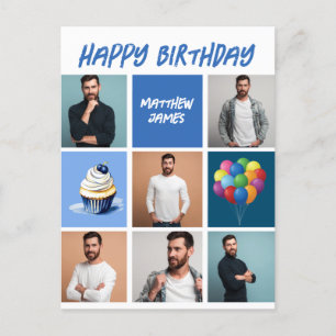 Carte Postale Collage de photos personnalisé bleu pour anniversa