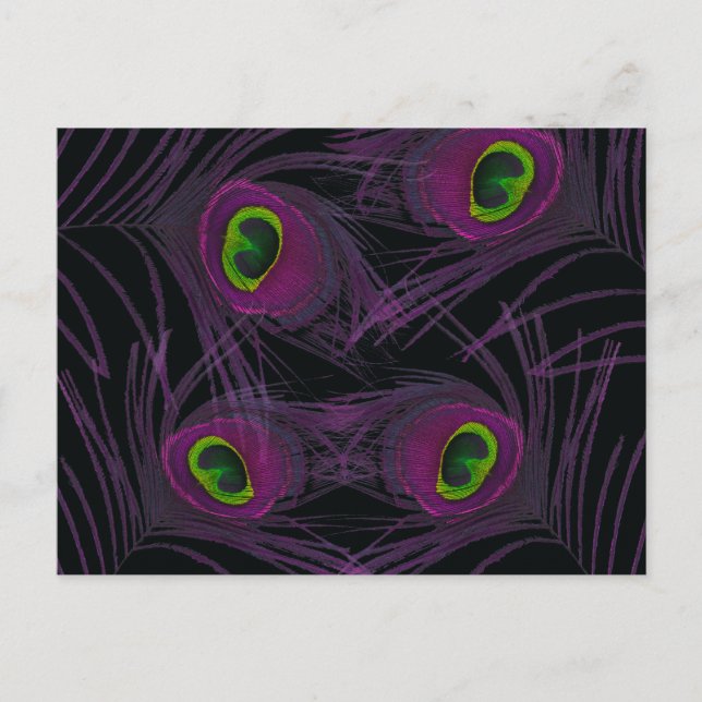 Carte Postale Collage de plumes de paon violet et vert (Devant)