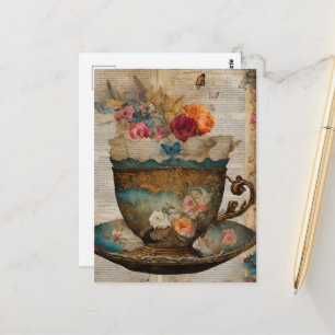 Carte Postale Collage de tasse à thé en média mixtes Fantastique