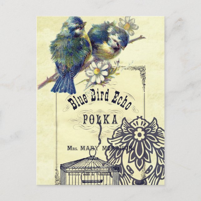 Carte Postale Collage d'oiseaux bleu vintage (Devant)