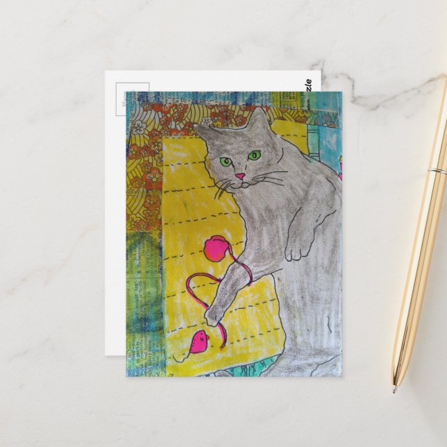 Carte Postale Collage en techniques mixtes de chat gris (Devant/Arrière en situation)