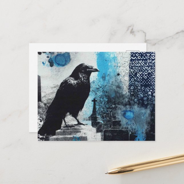 Carte Postale Collage en techniques mixtes de corbeau (Devant/Arrière en situation)