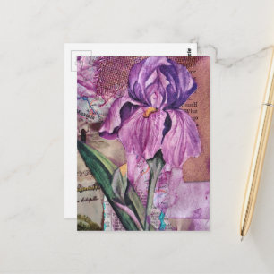 Carte postale collage en techniques mixtes de fleu