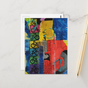 Carte Postale Collage en techniques mixtes de vélos et de camion