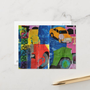 Carte Postale Collage en techniques mixtes de voitures, vélos et