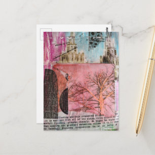 Carte Postale Collage en techniques mixtes d'un arbre d'hiver et