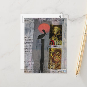 Carte Postale Collage en techniques mixtes d'un oiseau pélican e