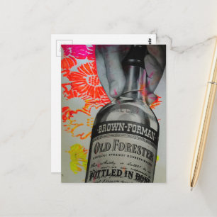Carte Postale Collage floral bouteille de whisky rose orange