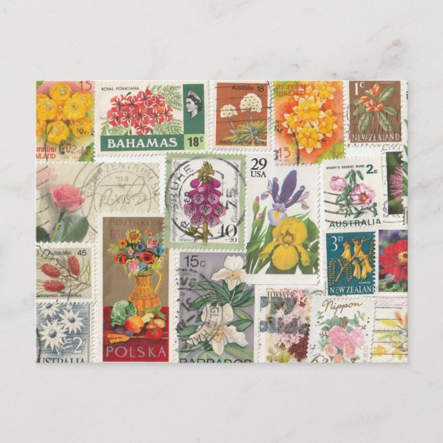 Carte Postale Collage floral - Timbres du monde (Devant)
