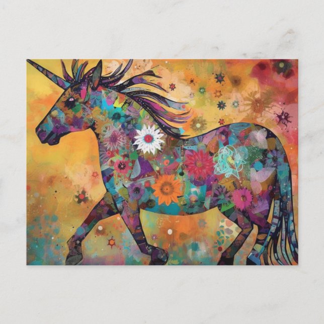 Carte Postale Collage floral Unicorne (Devant)