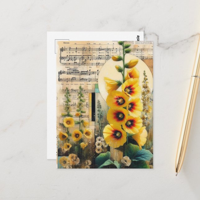 Carte Postale Collage Hollyhock Jaune (Devant/Arrière en situation)