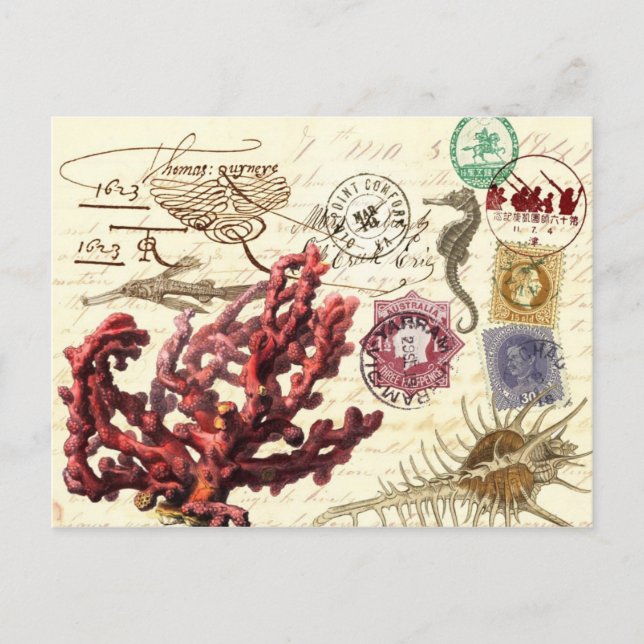 Carte Postale Collage Marine Life avec des timbres et des timbre (Devant)