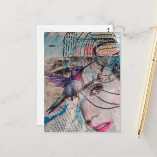 Carte Postale Collage mixte abstrait d'un visage et d'un colibri