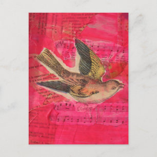 Carte Postale Collage mixte d'oiseau vintage rose chaud 