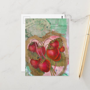 Carte Postale Collage mixte fraises vintage