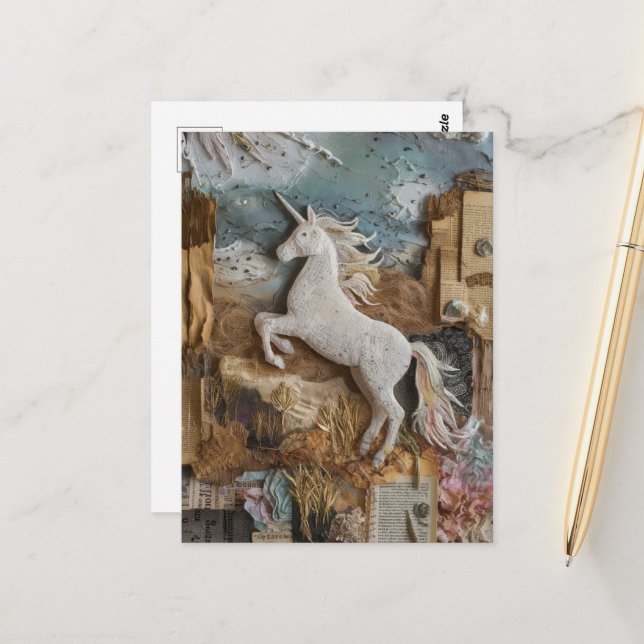 Carte Postale Collage multimédia mixte Unicorn (Devant/Arrière en situation)
