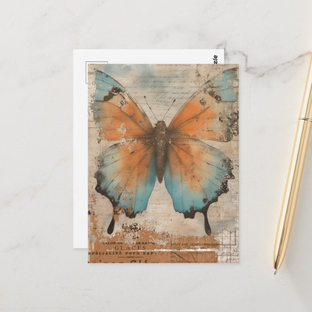 Carte Postale Collage papillon vintage (Devant/Arrière en situation)