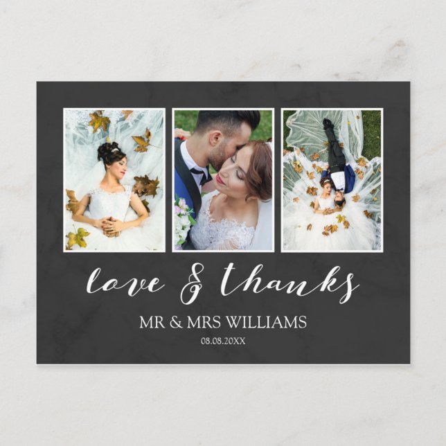 Carte Postale Collage photo mariage | Charcoal Love & Thanks (Devant)