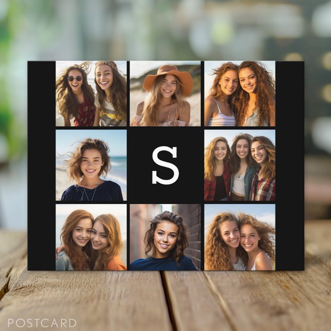 Carte Postale Collage photo noir massif Monogramme personnalisé (Custom Personalized Photo Collage Postcard)