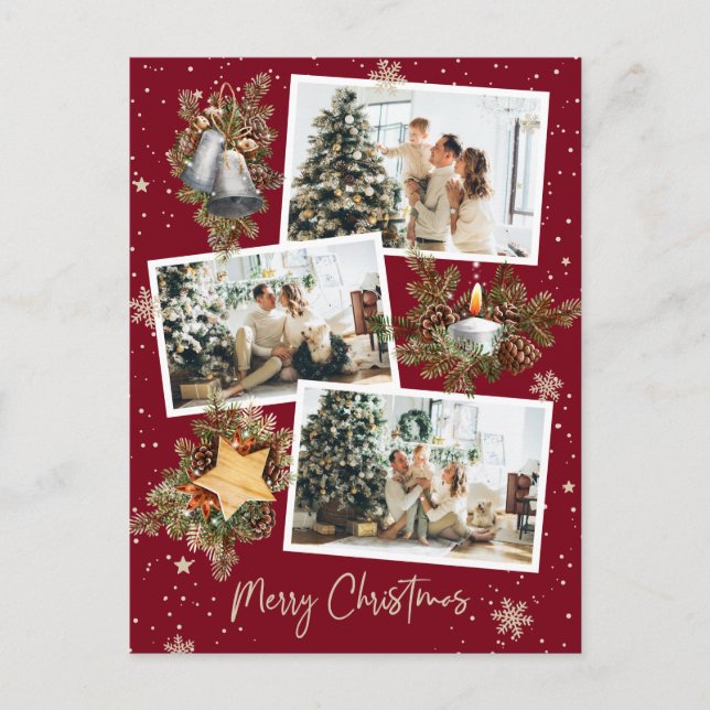 Carte Postale Collage photo personnalisé rouge 3 Joyeux Noël (Devant)