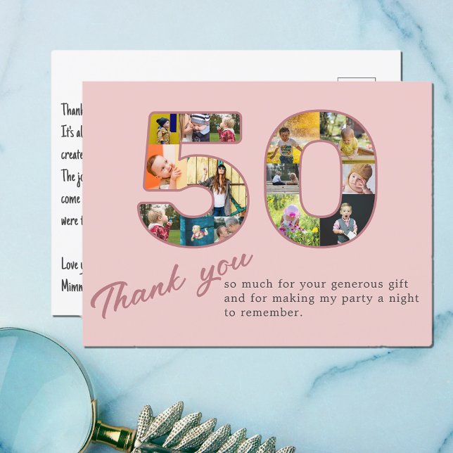 Carte Postale Collage photo rose pastel pour remerciements 50 an (Personalized 50th birthday photo collage thank you postcard.)