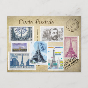 Carte Postale Collage timbres Tour Eiffel