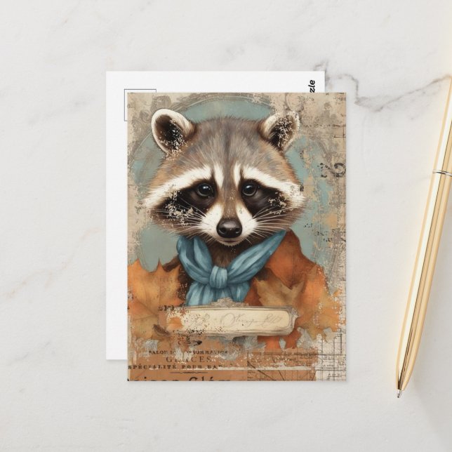 Carte Postale Collage vintage Raccoon (Devant/Arrière en situation)
