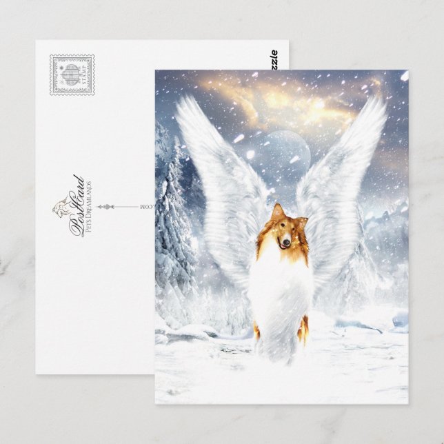 Carte Postale Collie Angel dans le paysage hivernal enneigé (Devant / Derrière)