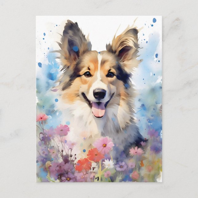 Carte Postale Collie aquarelle colorée (Devant)