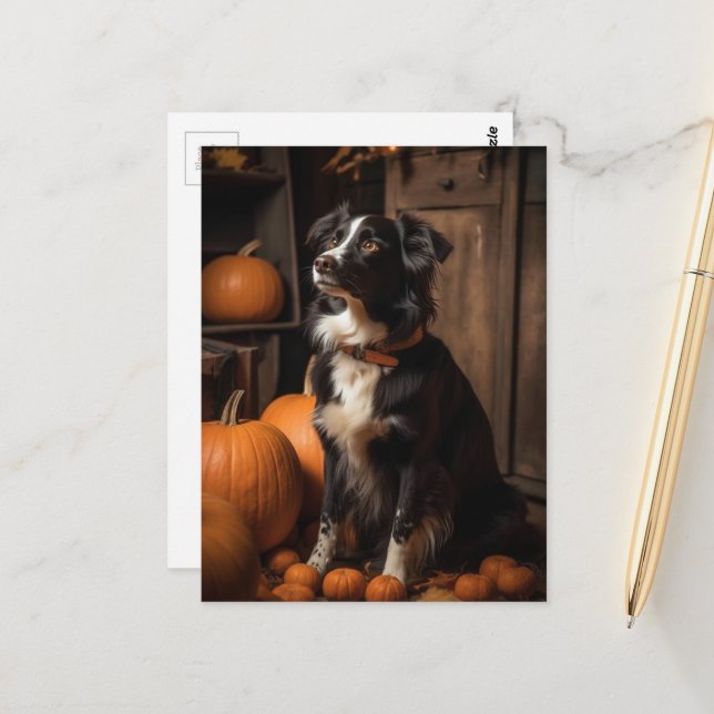 Carte Postale Collie de frontière d'automne et citrouilles (Devant/Arrière en situation)