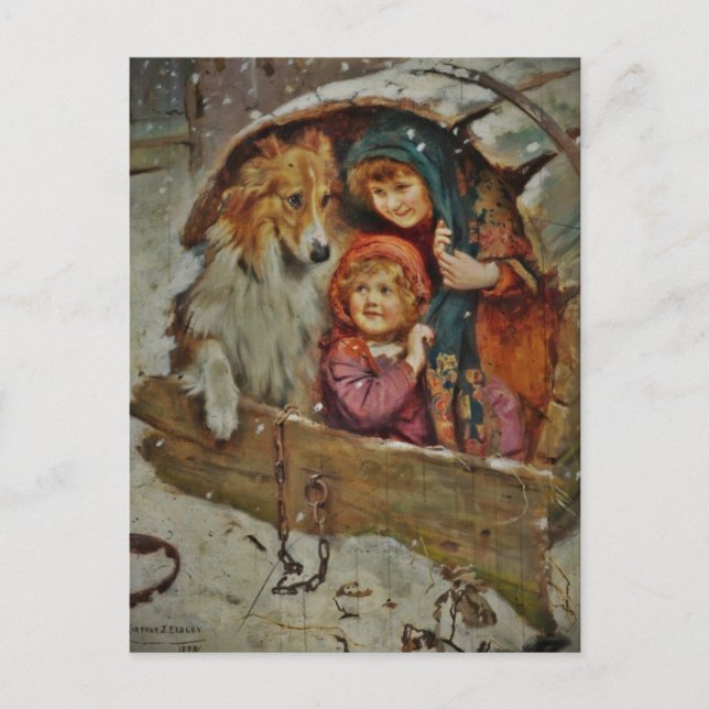 Carte Postale Collie et les enfants dans la niche (Devant)