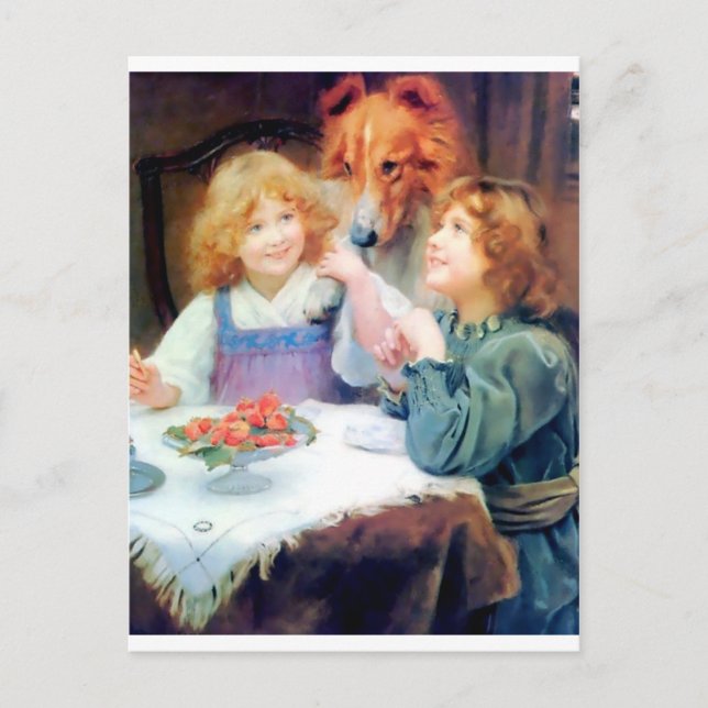 Carte Postale Collie Pet Dog et deux filles. (Devant)