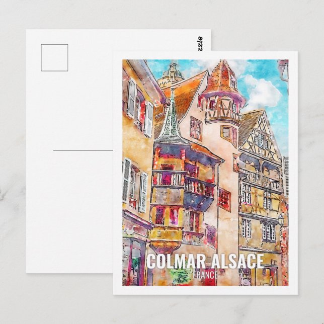 Carte Postale Colmar Alsace France Travel Place Aquarelle (Devant / Derrière)