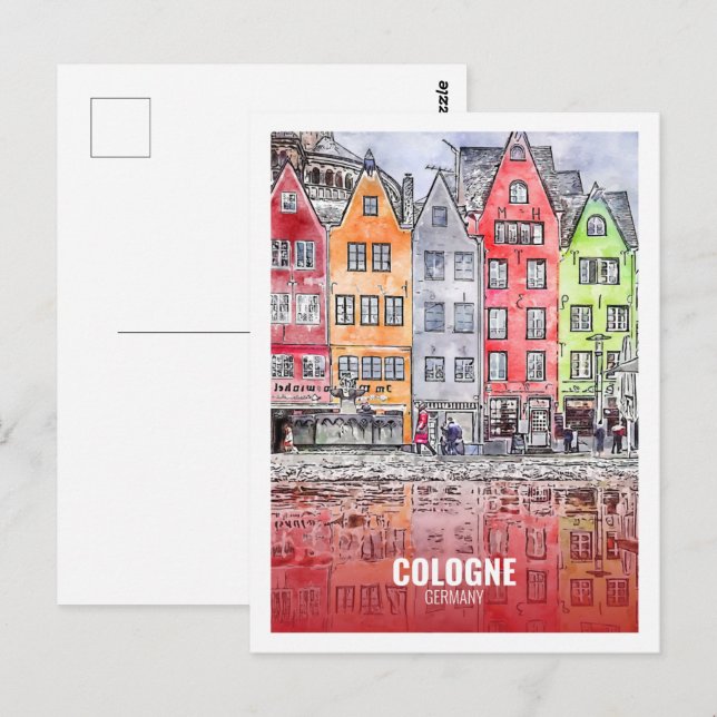 Carte Postale Cologne Allemagne Fameux Voyage Aquarelle croquis (Devant / Derrière)