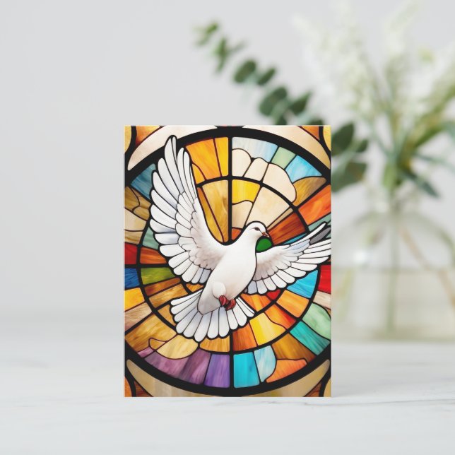 Carte Postale Coloré blanc Dove Vitrail Oiseau (Debout devant)