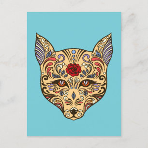 Carte Postale Coloré Folk Art Sugar Crâne Magique Fox