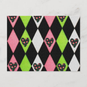 Carte Postale Colorful harlequin Print with Rose Hearts
