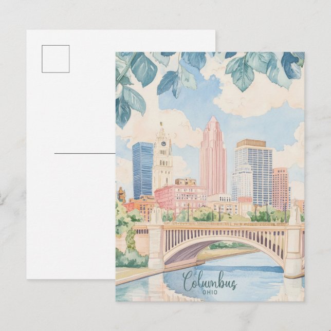 Carte Postale Columbus Ohio Illustration Peinture Gouache Voyage (Devant / Derrière)