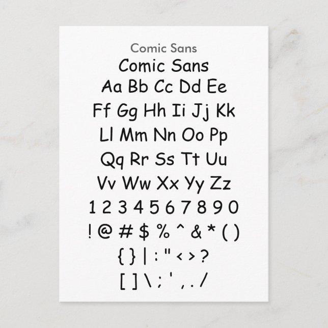 Carte Postale Comic Sans - Feuille d'échantillonnage de police Z (Devant)