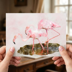 Carte Postale Compagnie de Flamants Roses dans l'Art à l'Aquarel