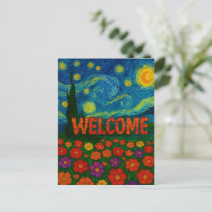 Carte Postale Conception Artistique de Bienvenue Fleurie Nuit Ét